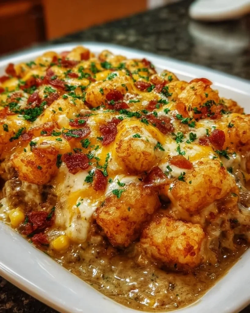 Delicious Cowboy Casserole baked in a rustic dish, ready to serve.