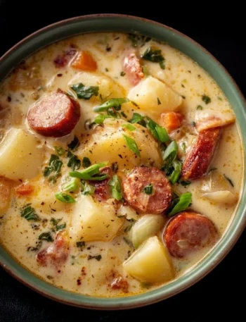 Creamy crockpot potato soup with sausage in a rustic bowl