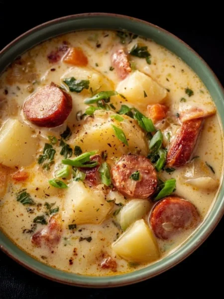 Creamy crockpot potato soup with sausage in a rustic bowl