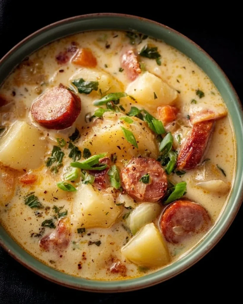 Creamy crockpot potato soup with sausage in a rustic bowl