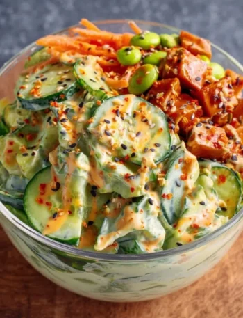Creamy Asian cucumber salad bowl recipe with fresh ingredients and dressing