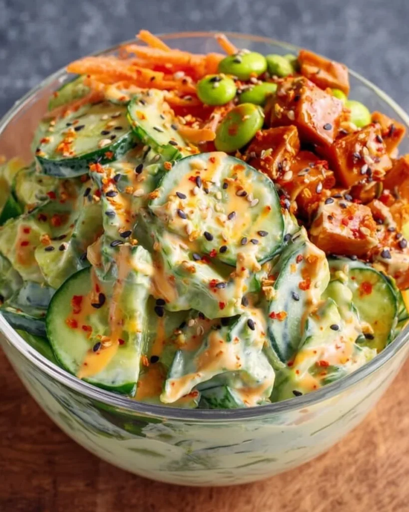 Creamy Asian cucumber salad bowl recipe with fresh ingredients and dressing