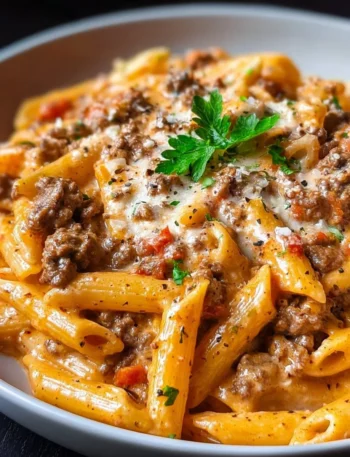 Delicious creamy beef pasta dish served with grated cheese and herbs.