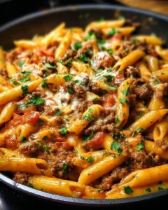 Creamy beef pasta dish served in a bowl with herbs and cheese