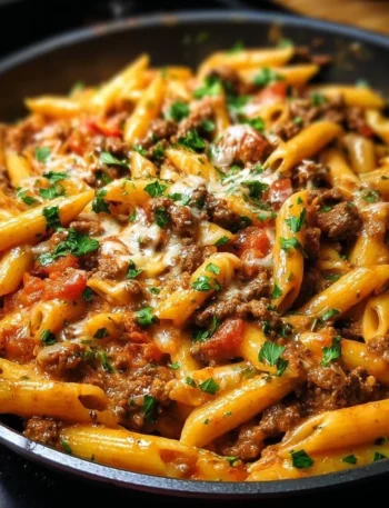 Creamy beef pasta dish served in a bowl with herbs and cheese