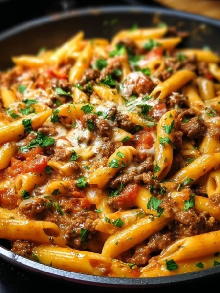 Creamy beef pasta dish served in a bowl with herbs and cheese