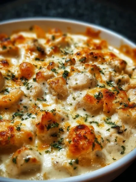 Delicious creamy chicken casserole dish ready to be served