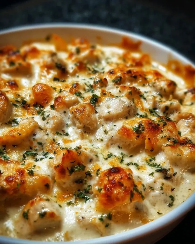 Delicious creamy chicken casserole dish ready to be served