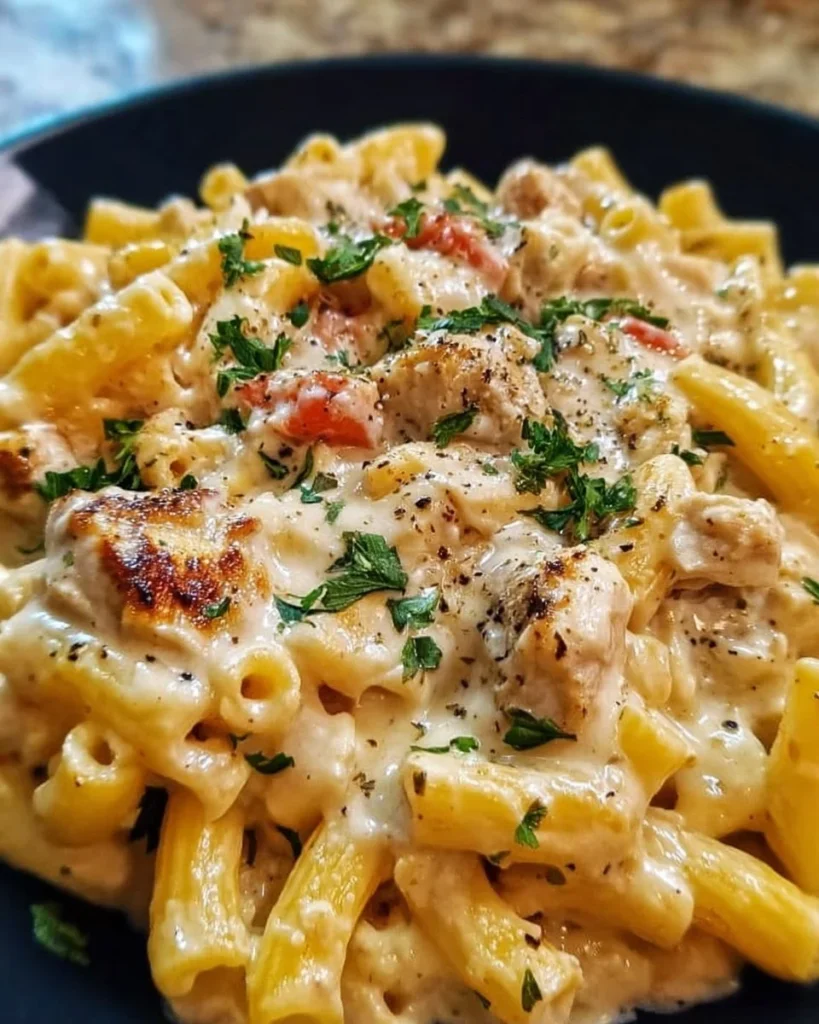 Creamy chicken pasta slow-cooked in a crockpot
