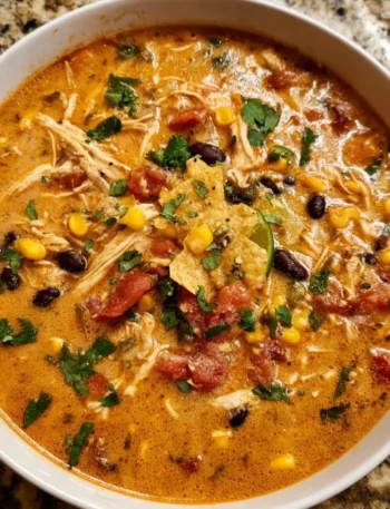 Creamy Chicken Tortilla Soup garnished with avocado and tortilla strips