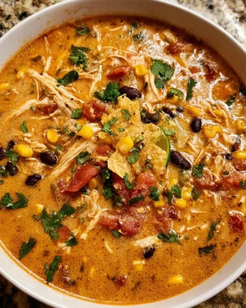 Creamy Chicken Tortilla Soup garnished with avocado and tortilla strips