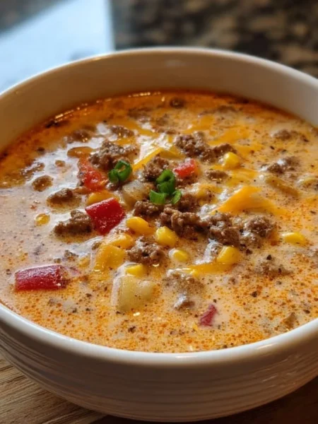 Creamy Cowboy Soup served in a rustic bowl, garnished with fresh herbs.