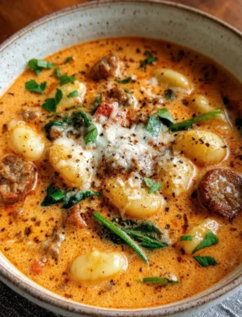 Bowl of creamy Italian sausage gnocchi soup garnished with herbs