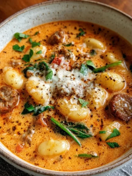 Bowl of creamy Italian sausage gnocchi soup garnished with herbs