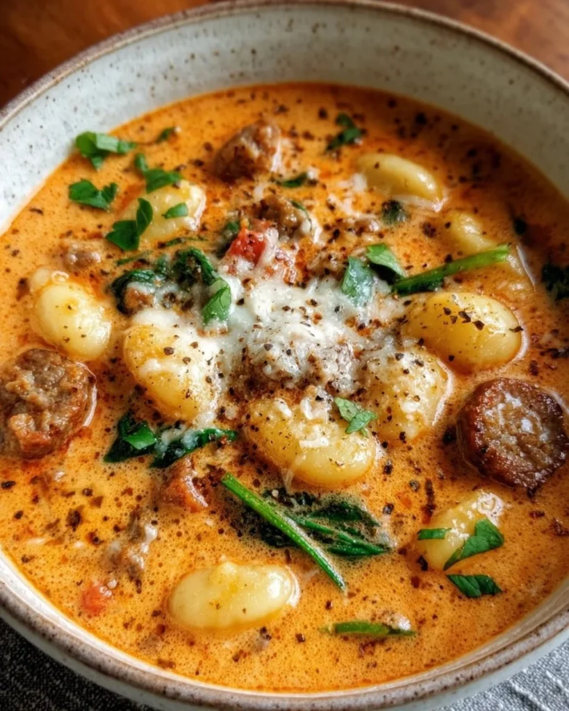 Bowl of creamy Italian sausage gnocchi soup garnished with herbs