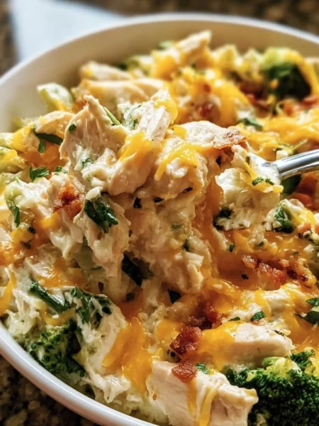 Creamy low carb chicken casserole topped with cheese and herbs