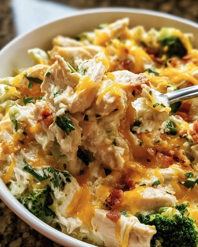 Creamy low carb chicken casserole topped with cheese and herbs