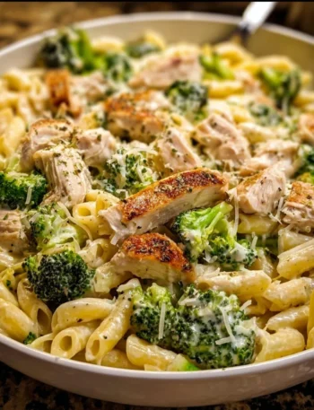 Creamy rotisserie chicken broccoli pasta in a bowl with herbs on top