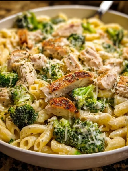 Creamy rotisserie chicken broccoli pasta in a bowl with herbs on top