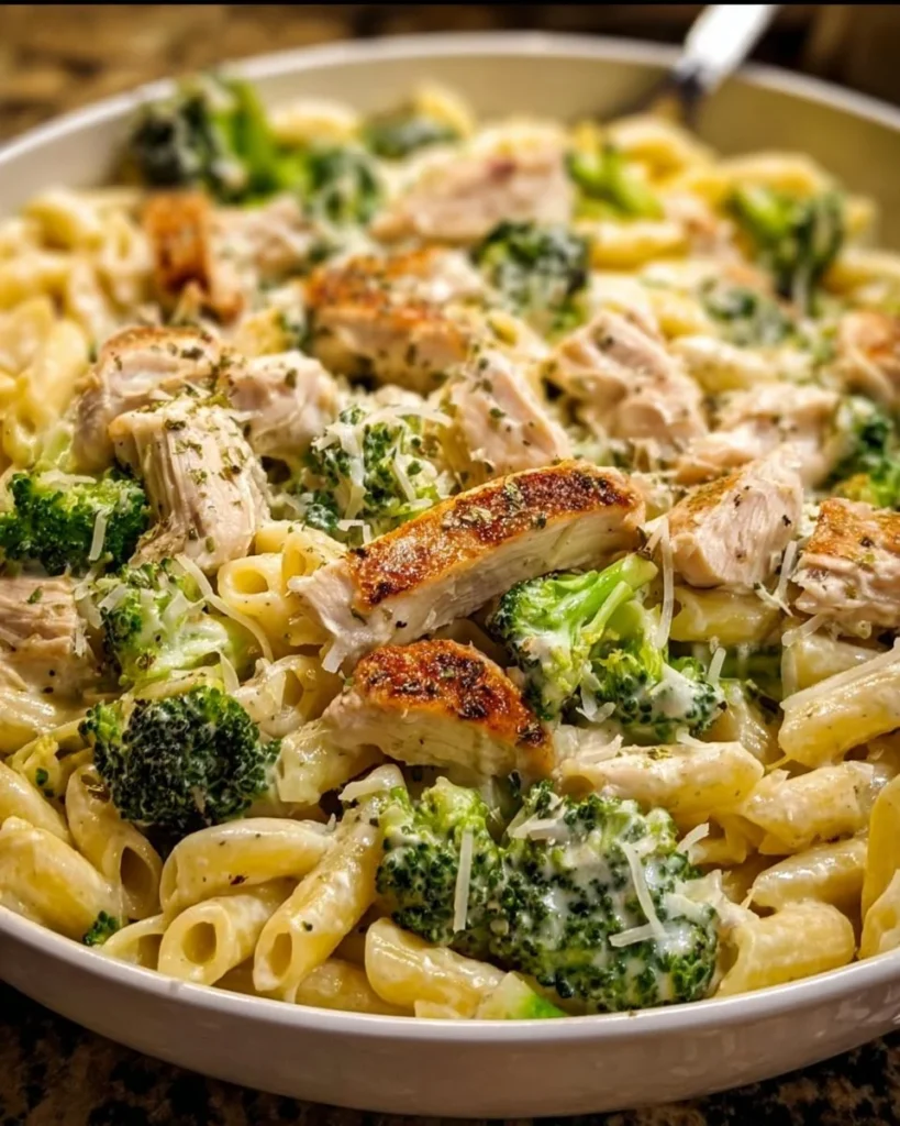 Creamy rotisserie chicken broccoli pasta in a bowl with herbs on top