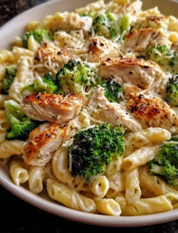 Creamy rotisserie chicken broccoli pasta dish with fresh ingredients