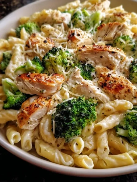 Creamy rotisserie chicken broccoli pasta dish with fresh ingredients