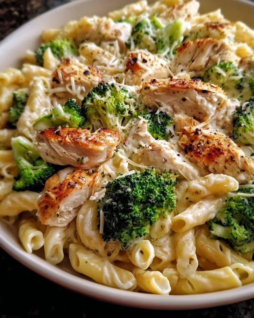 Creamy rotisserie chicken broccoli pasta dish with fresh ingredients