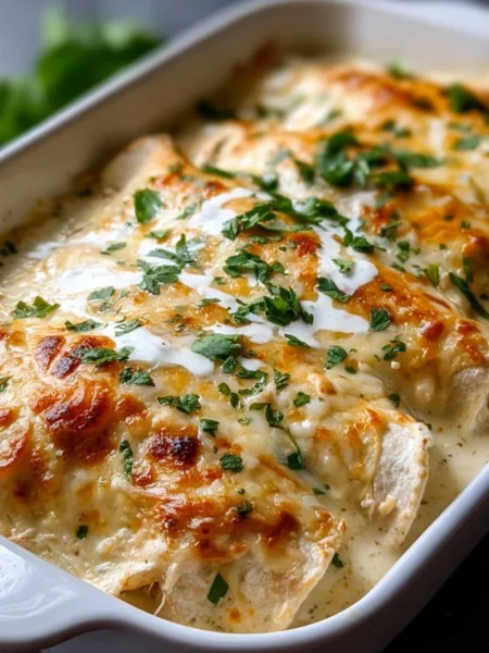 Delicious creamy white chicken enchiladas topped with cheese and cilantro