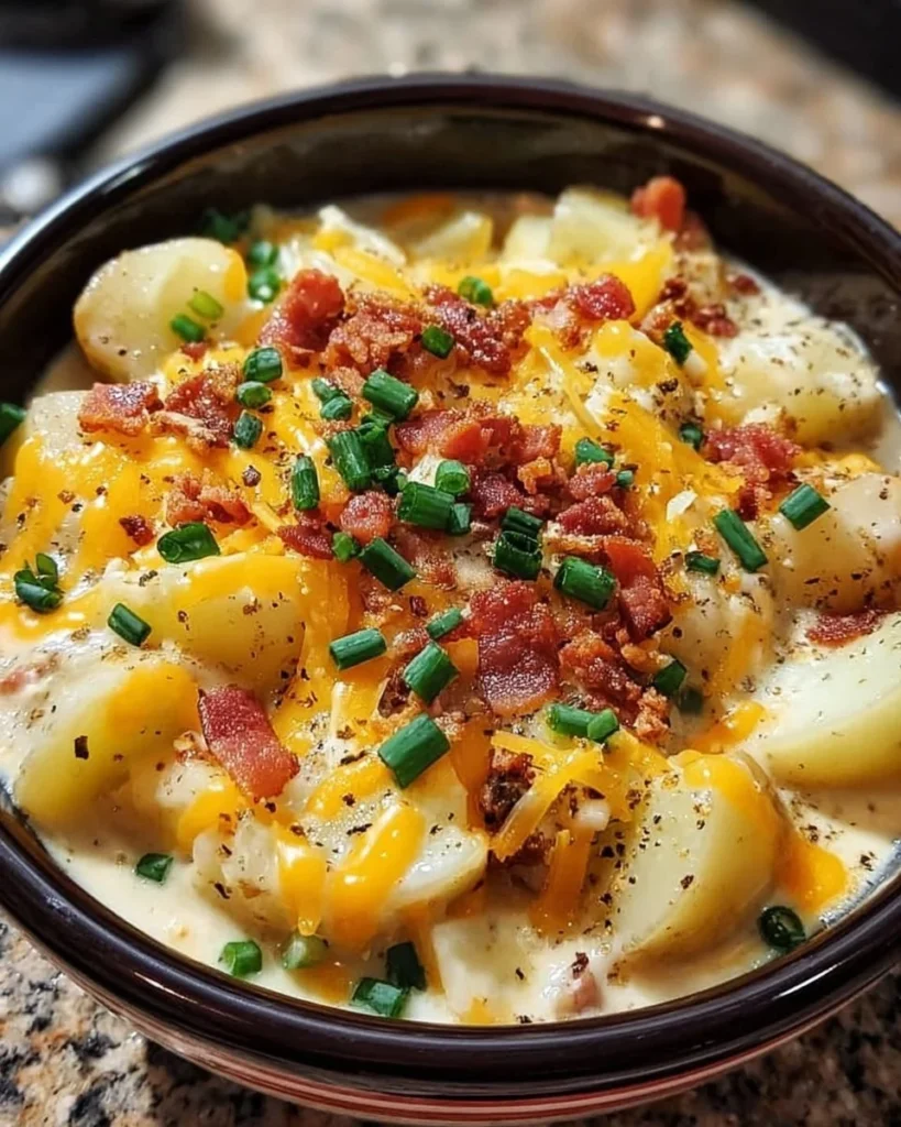 Bowl of Crock Pot Crack Potato Soup with toppings