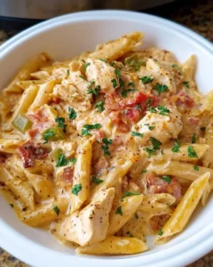 Crock Pot Creamy Cajun Chicken Pasta served with colorful vegetables