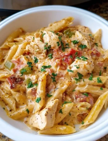 Crock Pot Creamy Cajun Chicken Pasta served with colorful vegetables