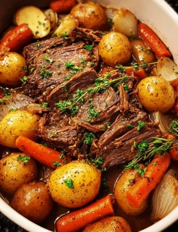 Delicious crock pot pot roast with vegetables and herbs