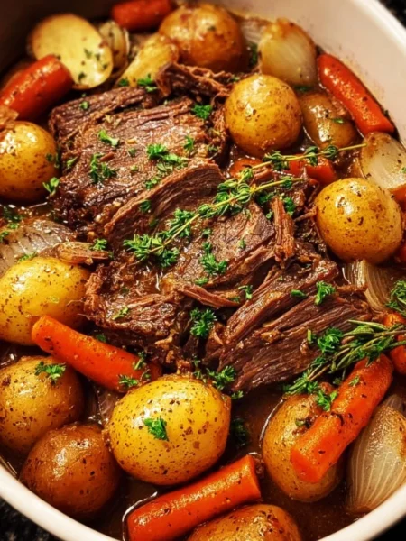 Delicious crock pot pot roast with vegetables and herbs