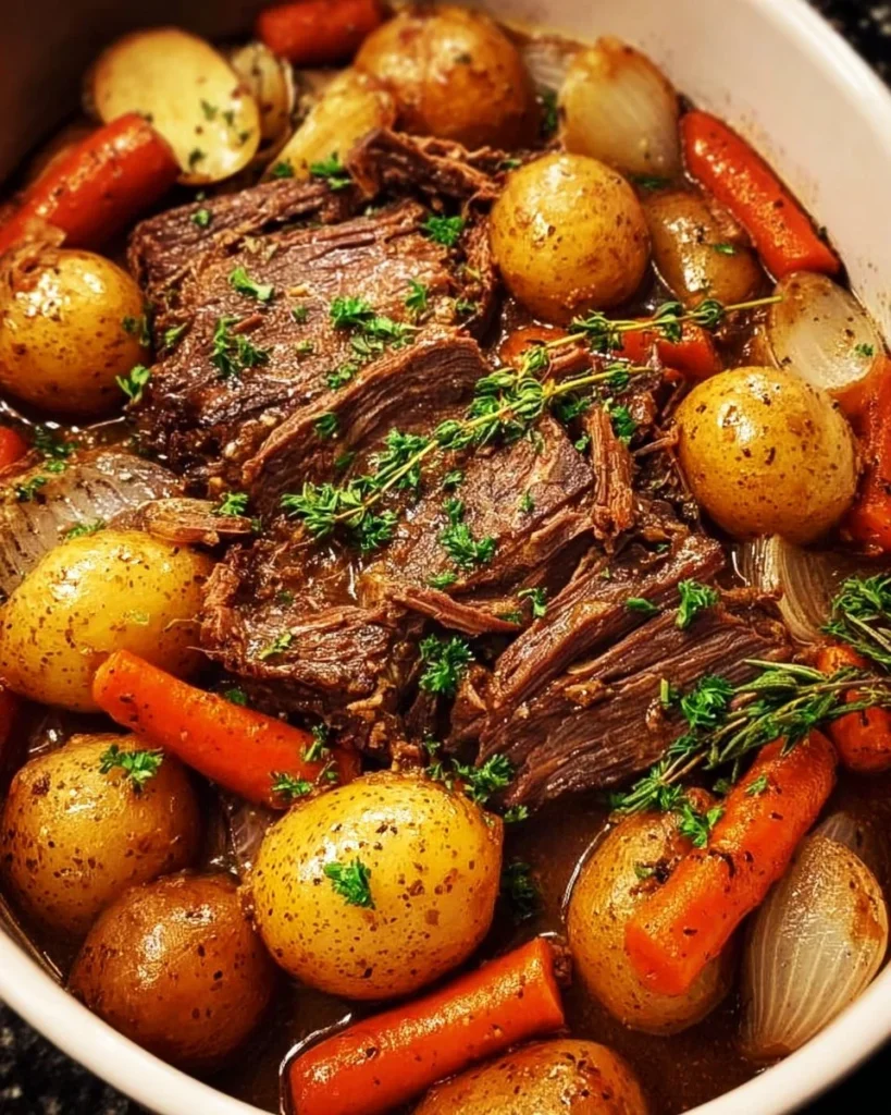 Delicious crock pot pot roast with vegetables and herbs