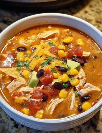 Delicious Crockpot Chicken Tortilla Soup in a bowl with toppings