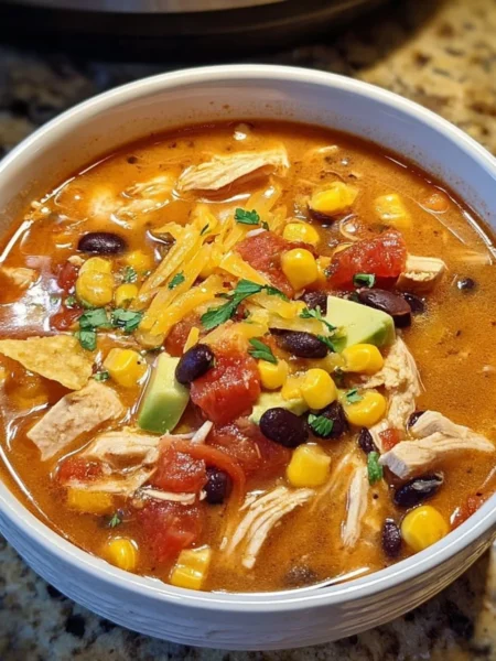 Delicious Crockpot Chicken Tortilla Soup in a bowl with toppings