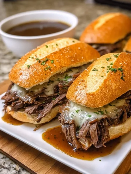 Delicious crockpot French dip sandwiches with savory beef and melted cheese.