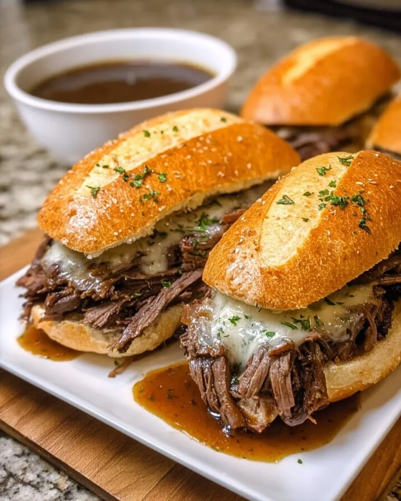 Delicious crockpot French dip sandwiches with savory beef and melted cheese.