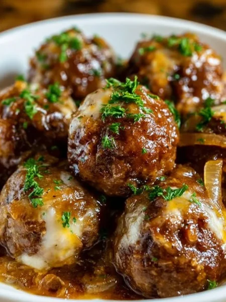 Crockpot French Onion Meatballs served on a plate with melted cheese and fresh herbs