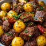 Crockpot garlic butter beef bites with tender potatoes in a savory sauce