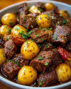Crockpot garlic butter beef bites with tender potatoes in a savory sauce