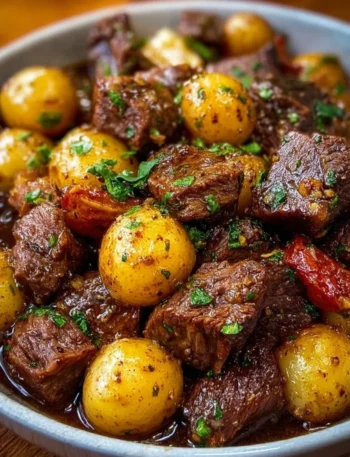 Crockpot garlic butter beef bites with tender potatoes in a savory sauce