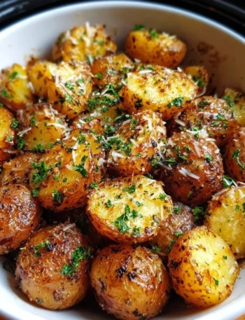 Crockpot Parmesan Roasted Potatoes garnished and served in a bowl