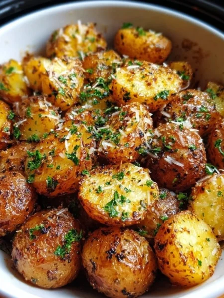 Crockpot Parmesan Roasted Potatoes garnished and served in a bowl