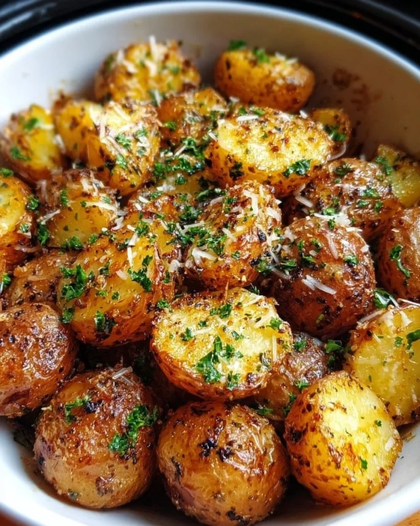 Crockpot Parmesan Roasted Potatoes garnished and served in a bowl