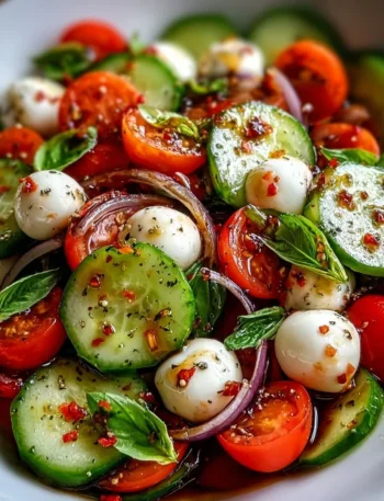 Cucumber Caprese Salad with mozzarella, fresh basil, and juicy tomatoes