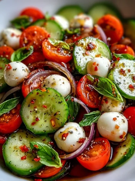 Cucumber Caprese Salad with mozzarella, fresh basil, and juicy tomatoes