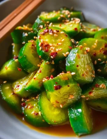 Bowl of Easy Asian Cucumber Salad with fresh cucumbers and dressing