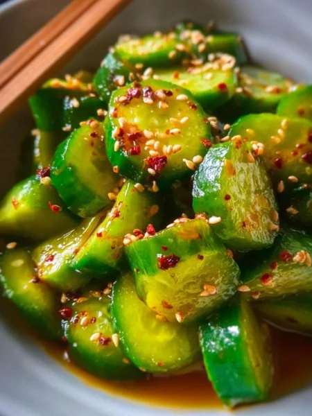 Bowl of Easy Asian Cucumber Salad with fresh cucumbers and dressing