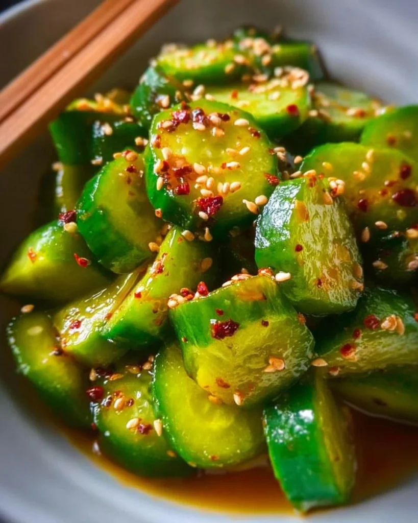 Bowl of Easy Asian Cucumber Salad with fresh cucumbers and dressing